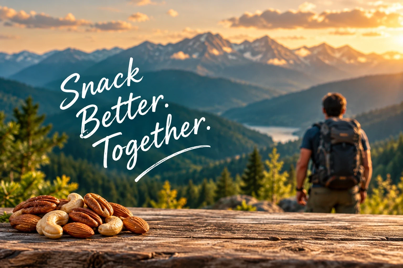 Hiker on a mountain trail at sunset, representing Trio Snacks' commitment to quality