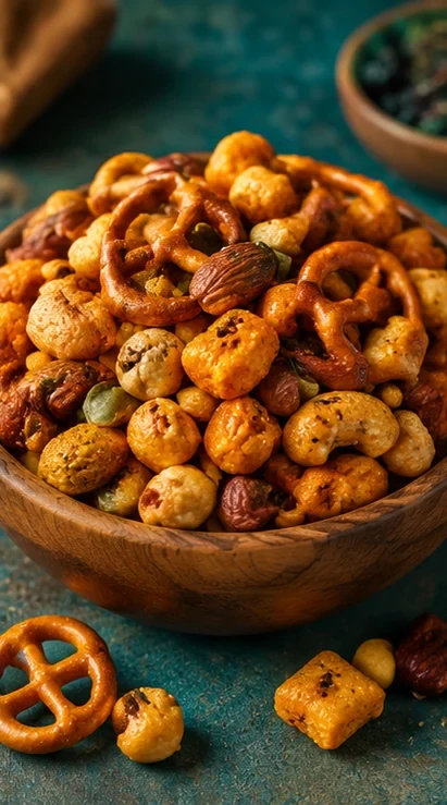 Snack mix with nuts and pretzels