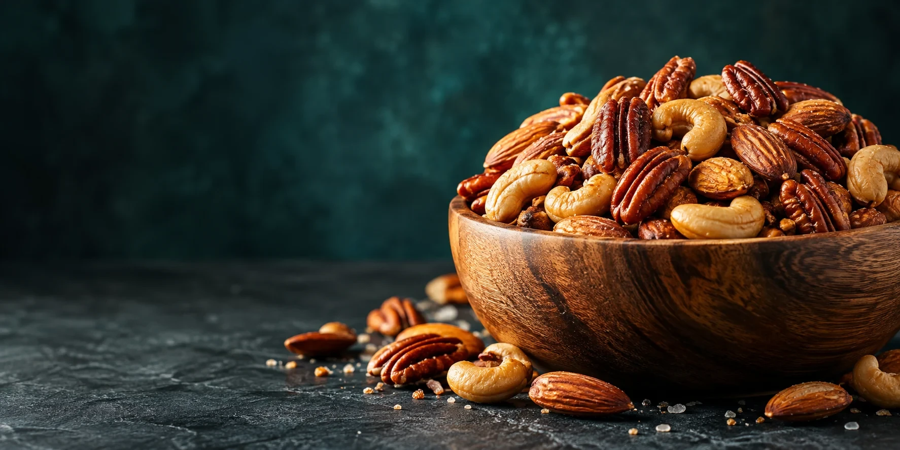 Bowl piled with roasted mixed pecans, almonds and cashews